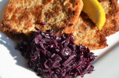 Red Cabbage on a plate with schnitzel
