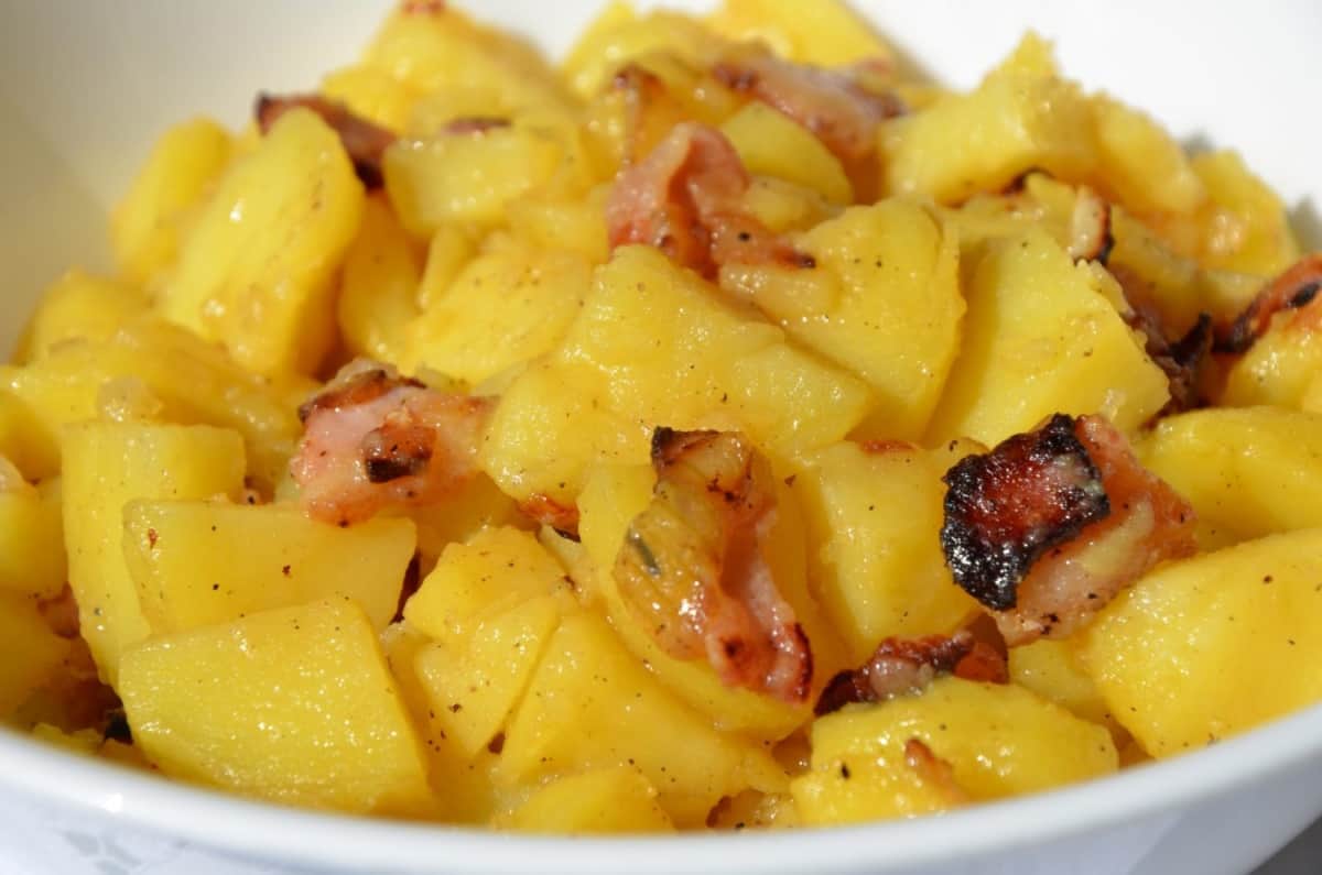 Potato salad with bacon and beer dressing.