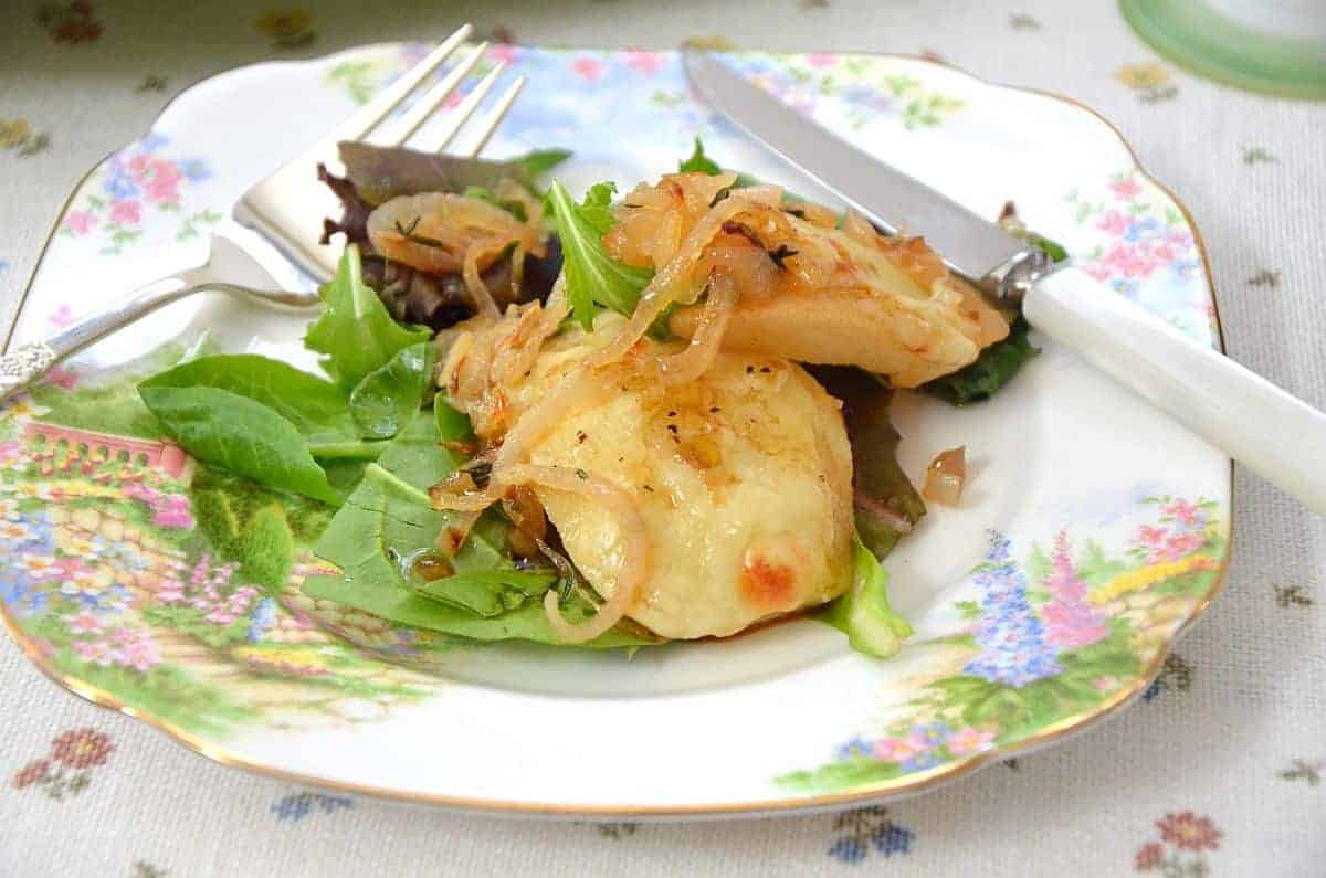 Roasted pear salad on a plate.