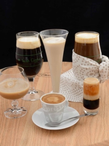 A selection of Irish Drinks using Baileys Irish Cream including a B52 shot, Irish coffee and Liquid Cake.