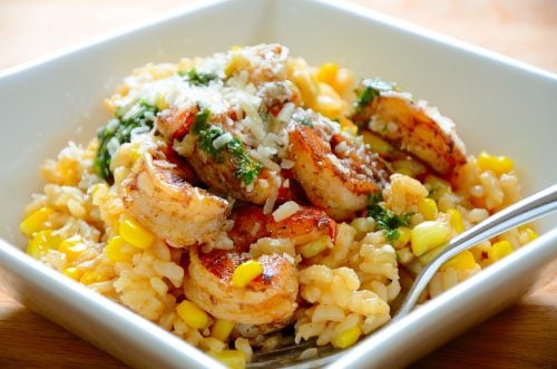 Fresh Corn and Shrimp Risotto With Salsa Verde