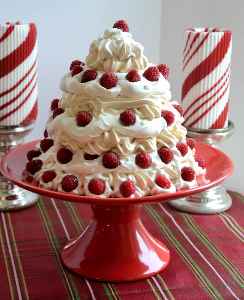 Meringue Christmas Tree on red pedastal.