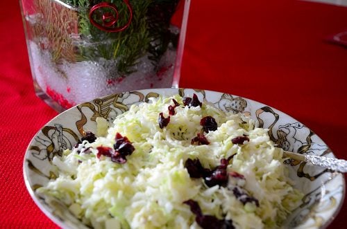 creamy-cole-slaw-with-cranberries-in -a-bowl-on-red-table-cloth