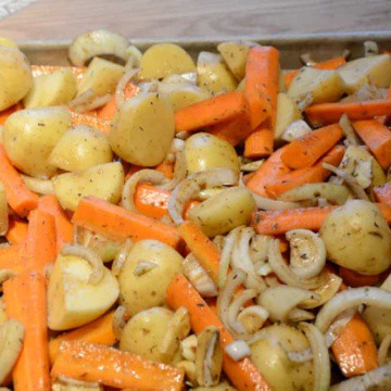 Sheet Pan of Balsamic Roasted Potatoes and Carrots.