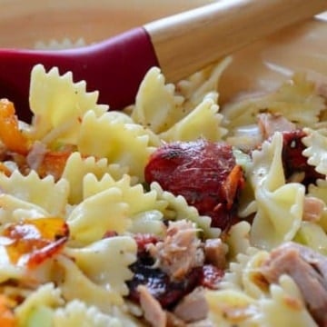 Bow tie pasta with roasted tomatoes and red peppers in a bowl.