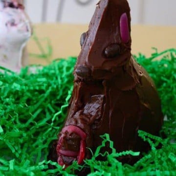 3 D Chocolate cake in shape of Easter Bunny sitting in green Easter grass.