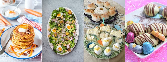 Collage of Easter salad, sandwiches, bread and eggs