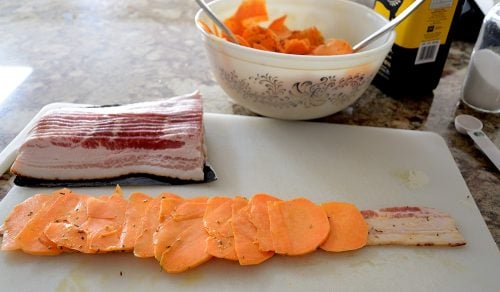 Sweet Potato Roses laid out on bacon