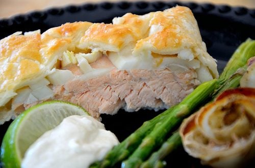 Salmon cooked in puff pastry with fennel