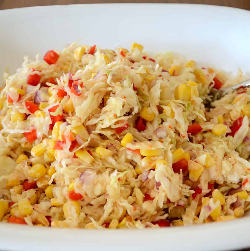 Healthy Coleslaw with corn peppers and fat free dressing.