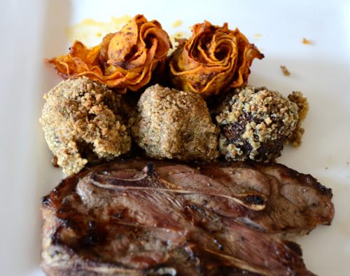 Grilled Lamb Chops with Nutty Mushrooms and Sweet Potato Roses