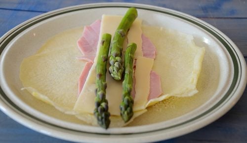 Assembling Ham and Asparagus Crepes