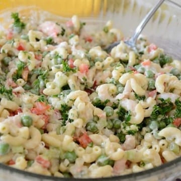 Pasta Salad with Shrimp and Crab in a bowl.