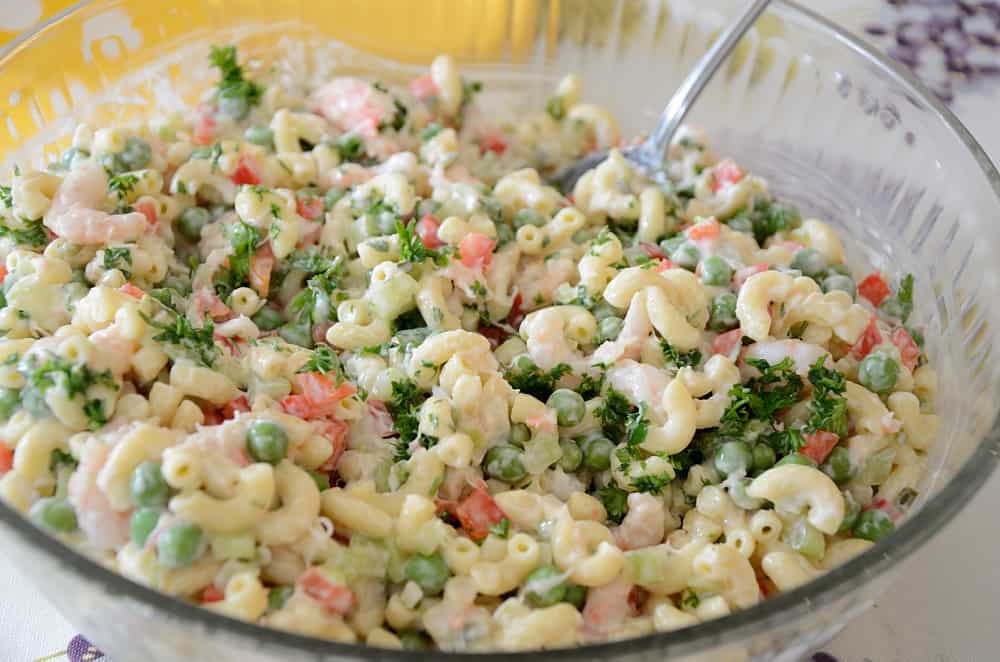 Pasta Salad with Shrimp and Crab in a bowl.