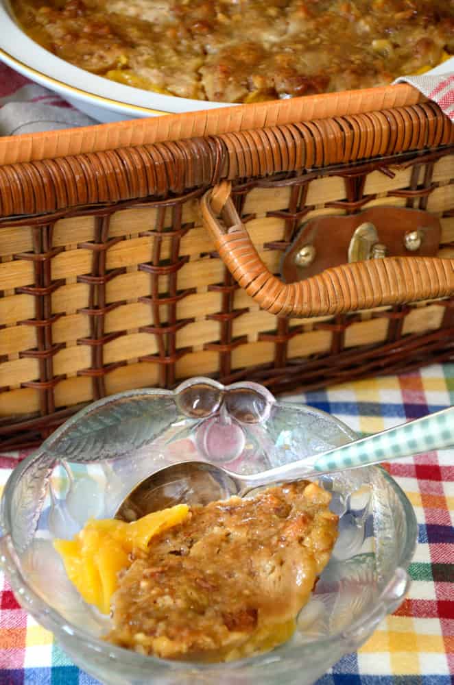 Peach crisp in a bowl.