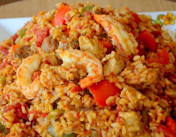Spicy rice with creole spices, shrimp chicken and andouille sausage.
