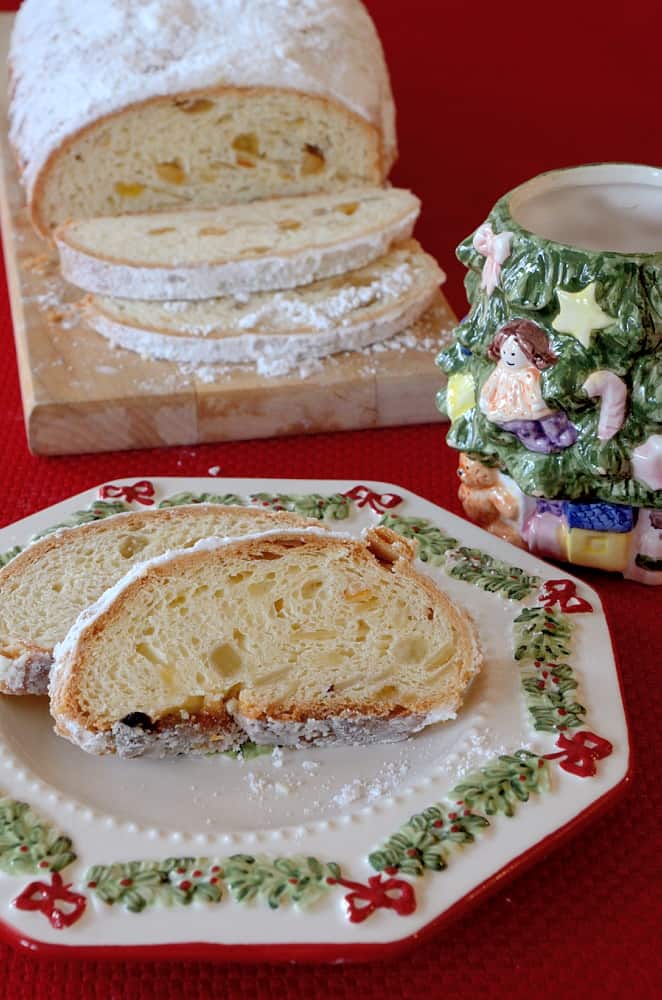 Slices of classic Christmas Stollen on a plate.