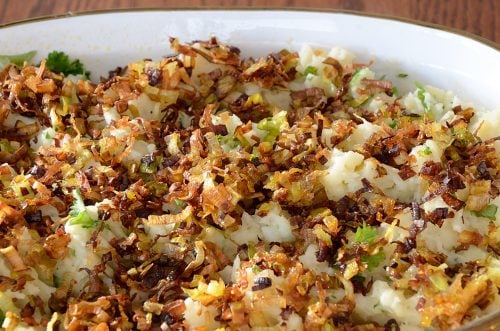 Colcannon casserole with Frizzled Leek Topping