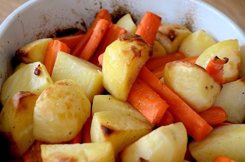 Potato and carrots roasted in duck fat