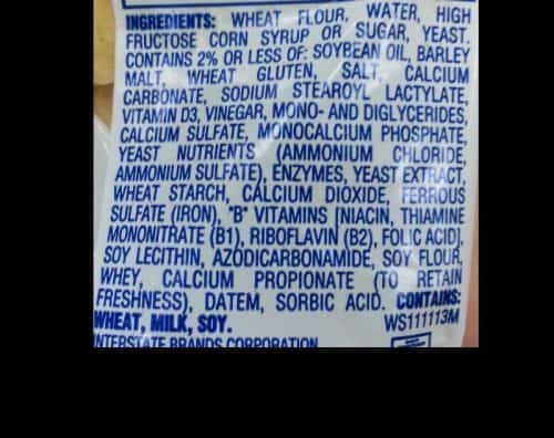 Ingredient label for white bread