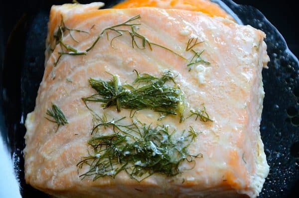 Salmon fillet with fennel fronds and sauce on a a bed or orange slices