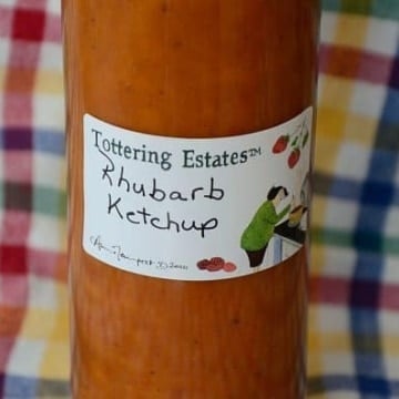 Close up of a bottle of rhubarb ketchup