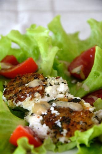 Crispy goat cheese rounds on bed of lettuce with tomato