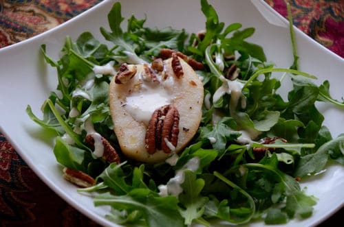Roasted Pear Salad with Blue Cheese Dressing and Pecan Garnish