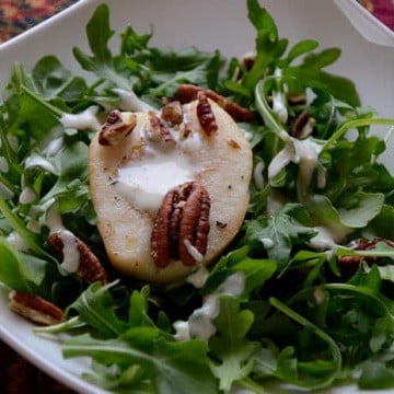 Roasted Pear Salad with Blue Cheese Dressing and Pecan Garnish