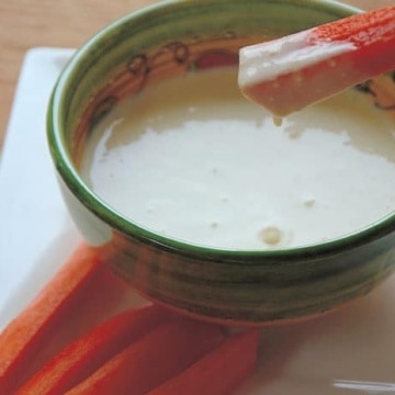 Ceramic bowl filled with creamy blue cheese dip and a carrot stick being dipped