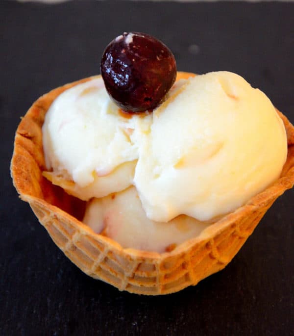 Vanilla almond ice cream in a waffle bowl