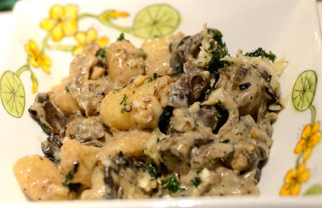 Gnocchi in a serving dish with creamy mushroom sauce