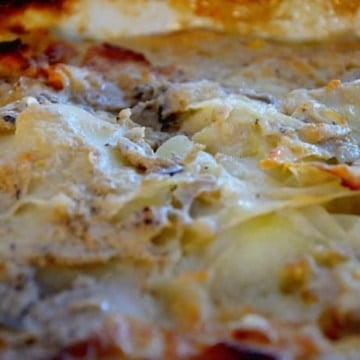 close up of golden top of baked scalloped potatoes