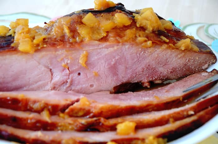 Sliced ham with brown sugar, pineapple mustard glaze