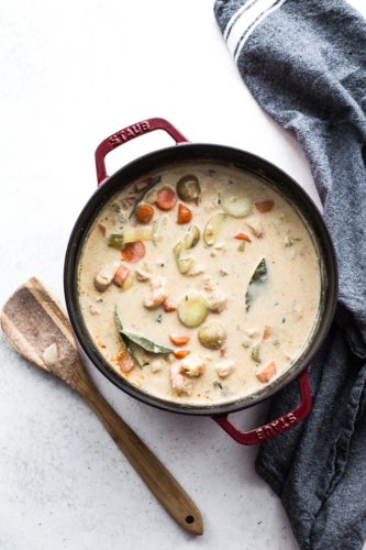 Top view of creamy looking dairy-free seafood chowder