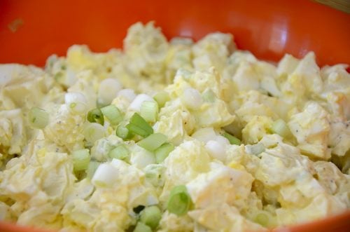 close up of bowl of egg potato salad 