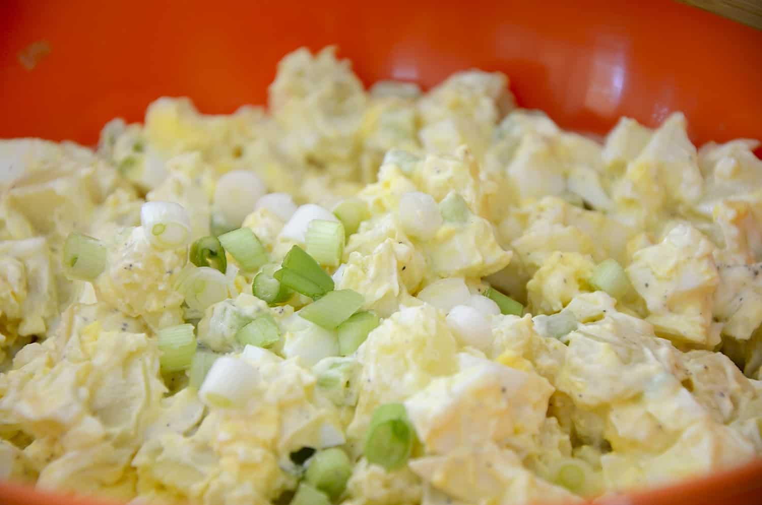 close up of bowl of egg potato salad