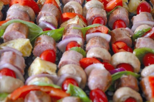 Panzanella skewers with sausage, mushrooms, peppers, ciabatta ready for the grill