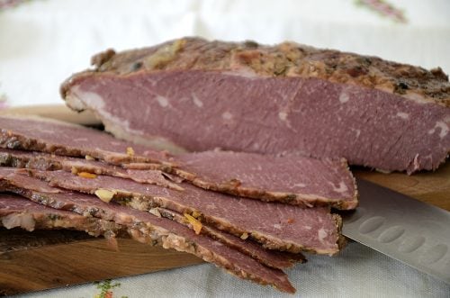 Slices of Corned beef on a cutting board