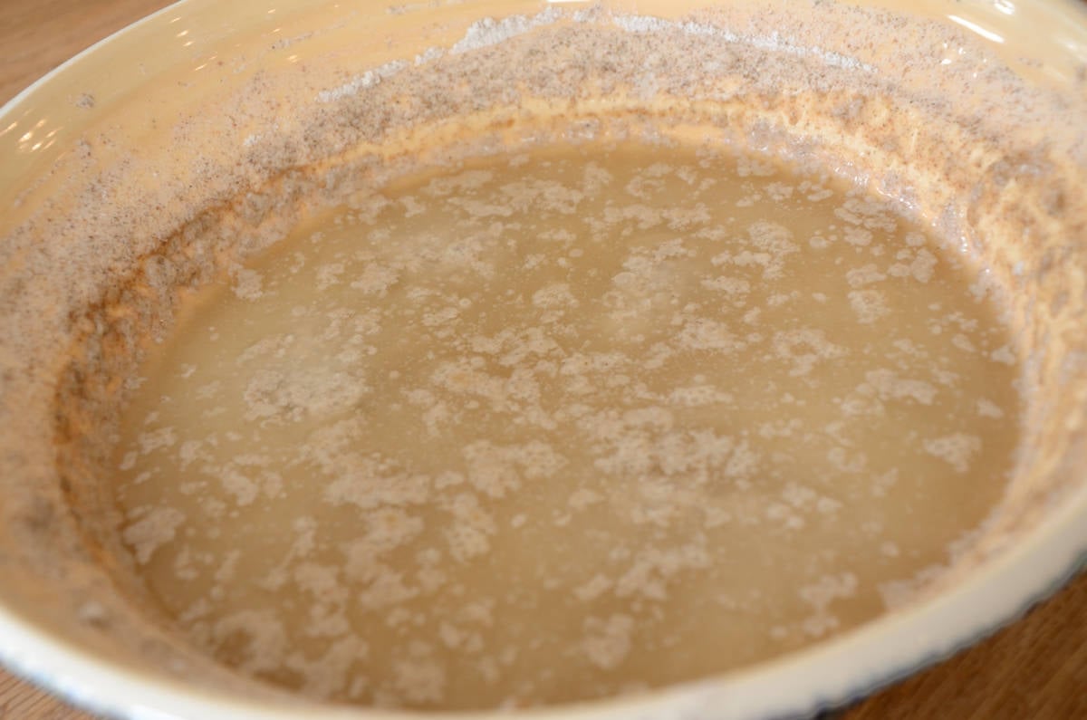 Bowl of active, bubbling sourdough starter.