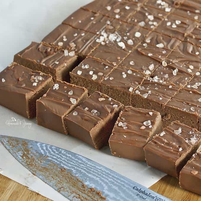 Squares of rich chocolate fudge topped with sprinkle of sea salt.