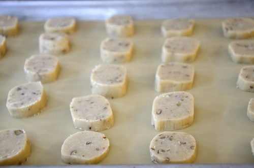 Pecan shortbread cookies on baking sheet ready for the oven.