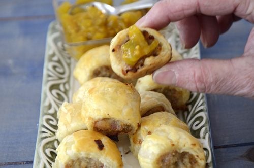 Australian sausage rolls baked till golden brown and served with Mustard relish.