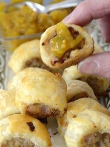 Australian sausage rolls baked till golden brown and served with Mustard relish.