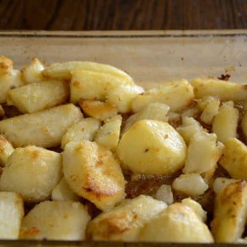 Browned crispy English Roasted Potatoes fresh from the oven.
