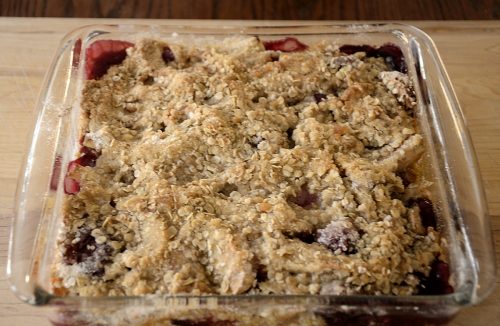 Oven baked pan of golden brown Oaty Fruit Crumble.