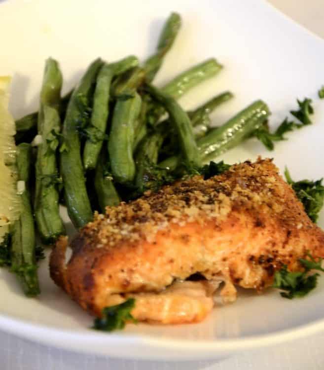 Crispy air fried trout with southwestern spicy crust served with air fried green beans with garlic and parsley.