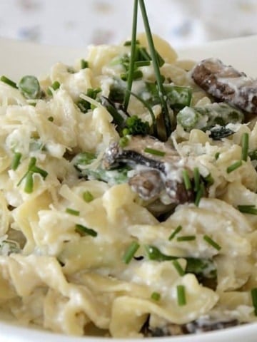 Egg noodles with creamy ricotta, lemon sauce, asparagus, mushrooms and garnished with chives.
