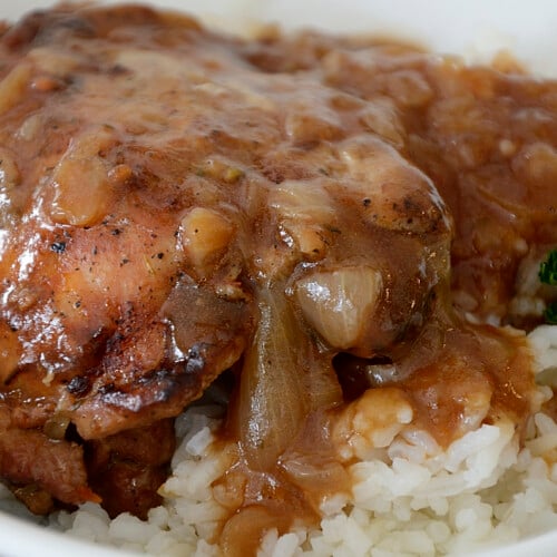 Chicken thigh in vinegar, onion sauce over rice.