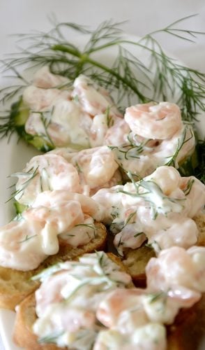 Baby shrimp in creamy sauce with fresh dill.